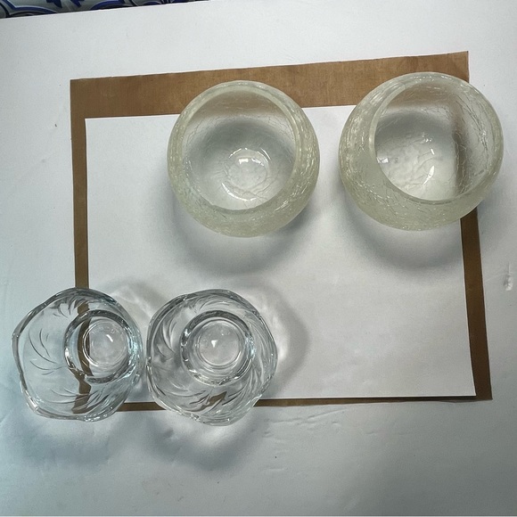 Vintage candleholders lot clear glass floral pattern & frosted crackle globe set - Picture 12 of 16